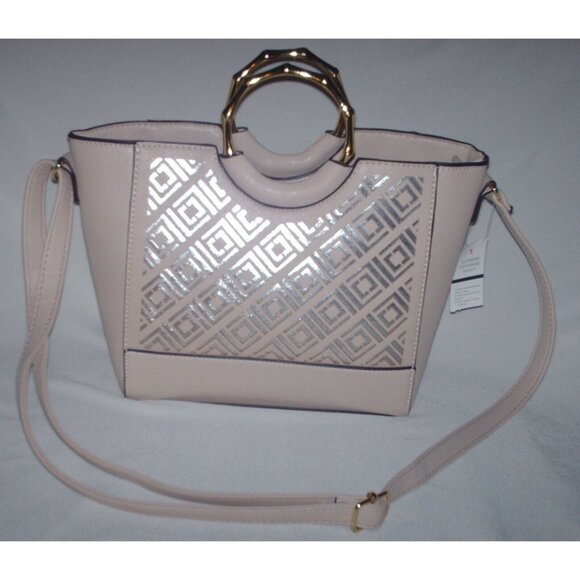 Liz Claiborne Beige Purse & Strap Silver Design Window Pane  w/Gold Tone Handle - Picture 1 of 10